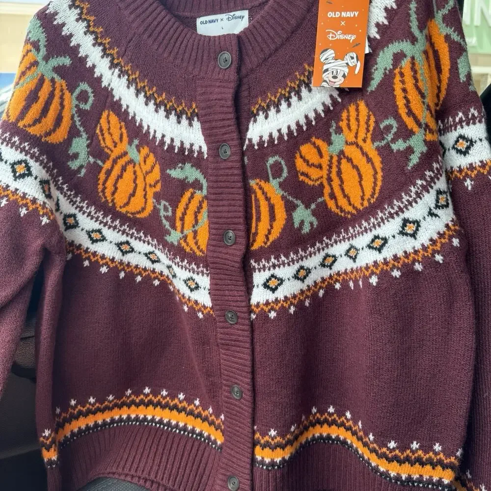 Old Navy Disney Mickey Pumpkin Cardigan Womens Large Halloween Fair Isle NWT
